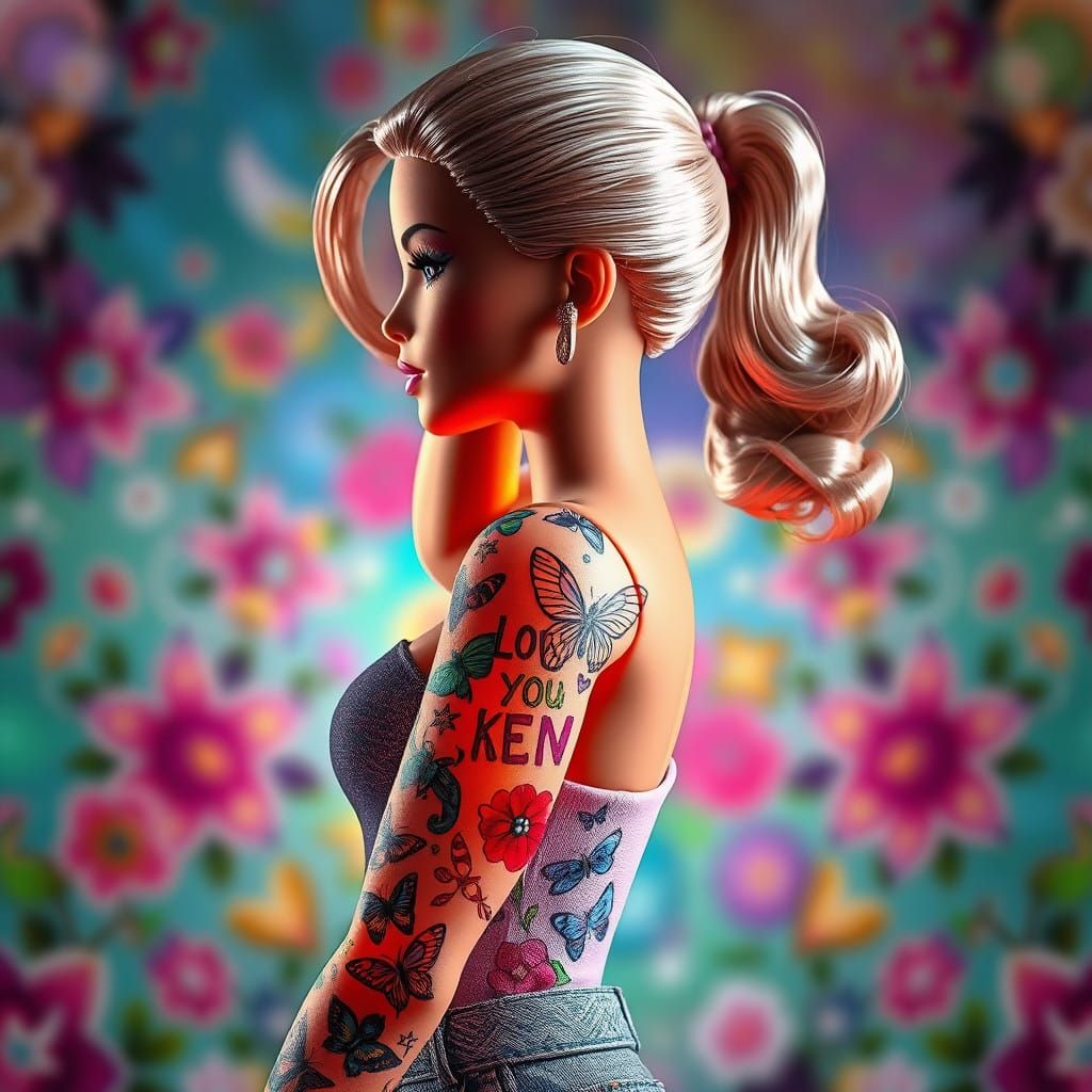 Hyperrealistic 3D Barbie Doll with Whimsical Tattoo Sleeve