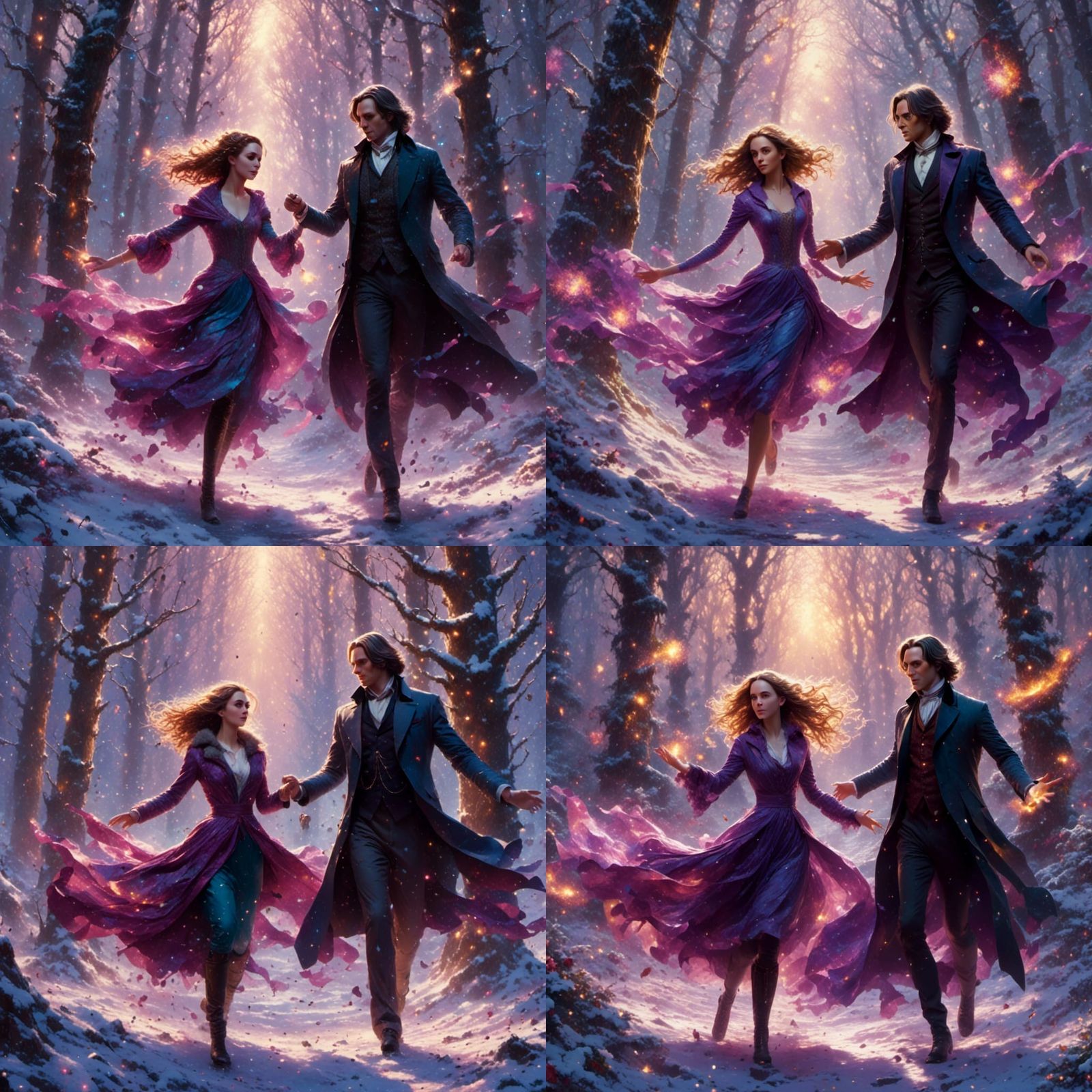 Severus Snape and Hermione Granger dancing in magical winter forest head