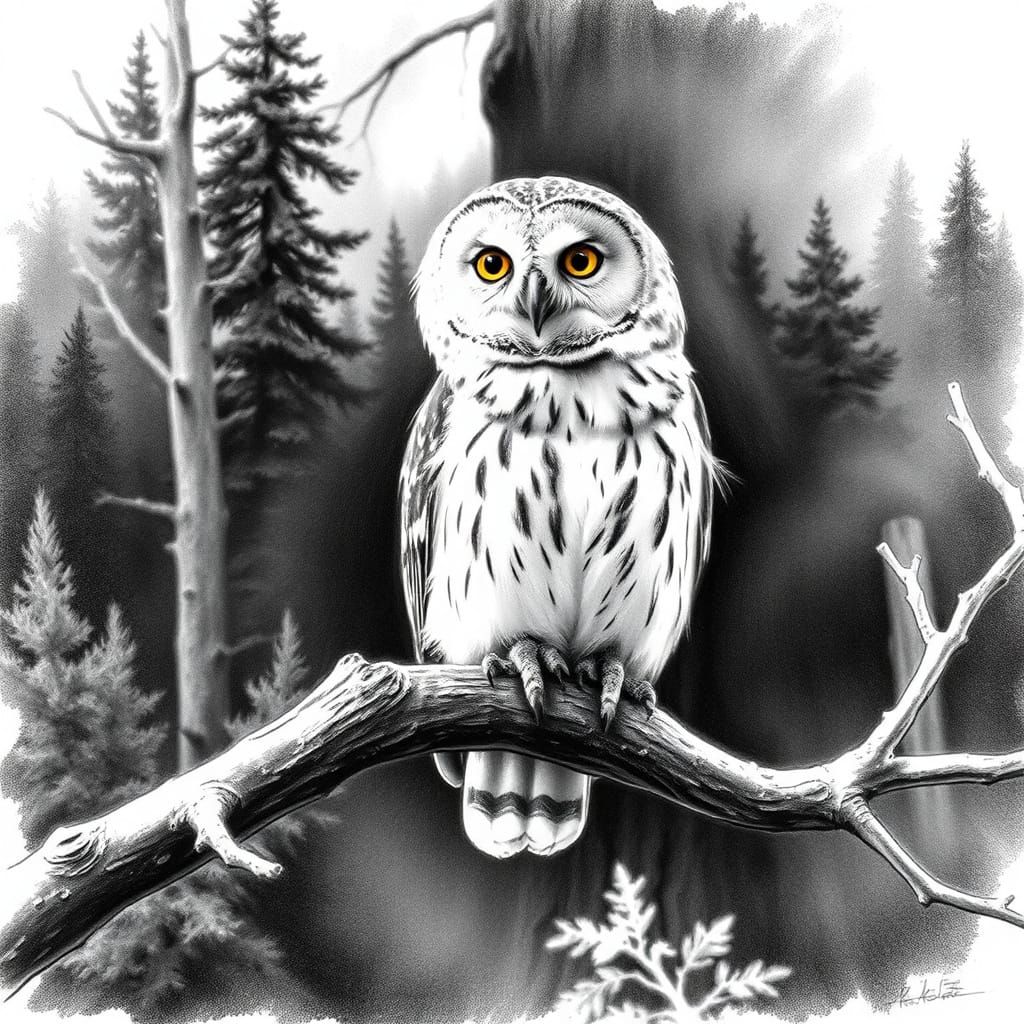 Ancient Owl Perches in Misty Forest