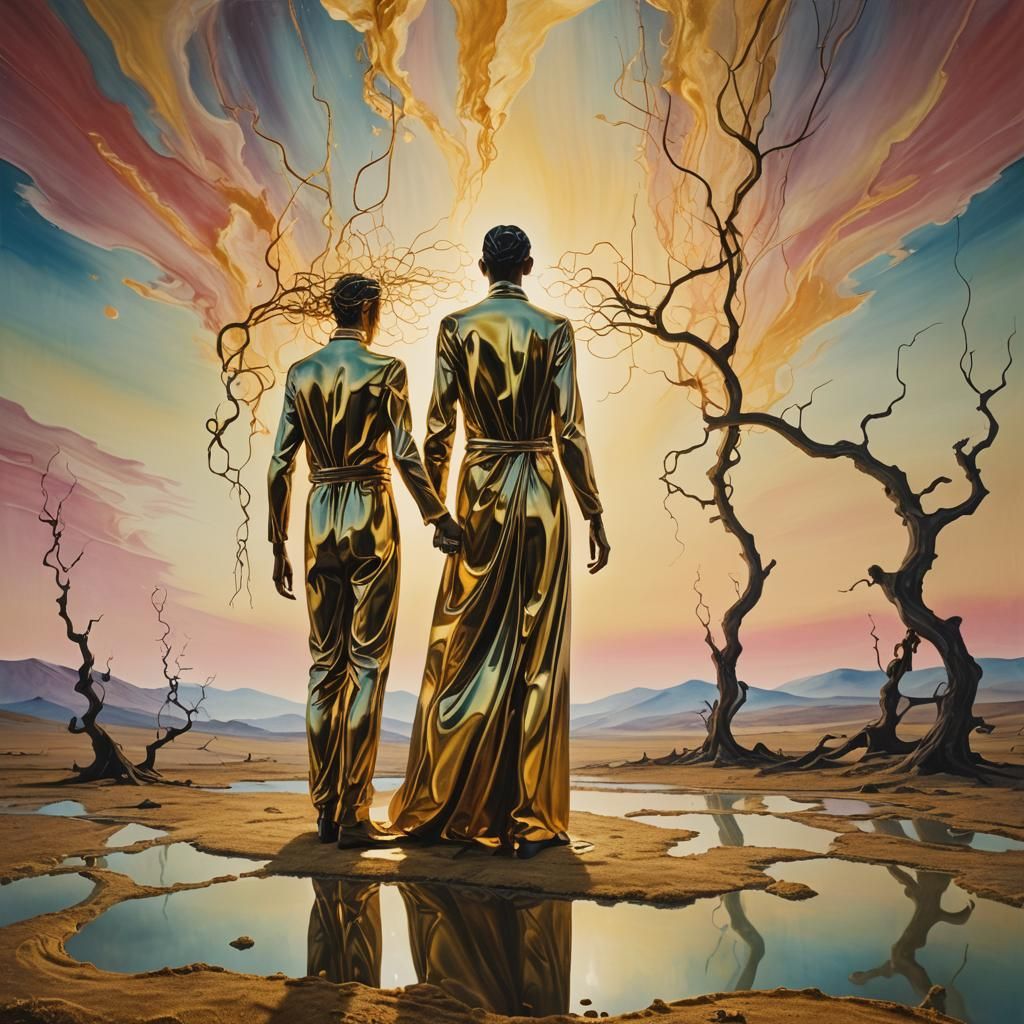 Entwined Figures in Dreamlike Surrealist Landscape