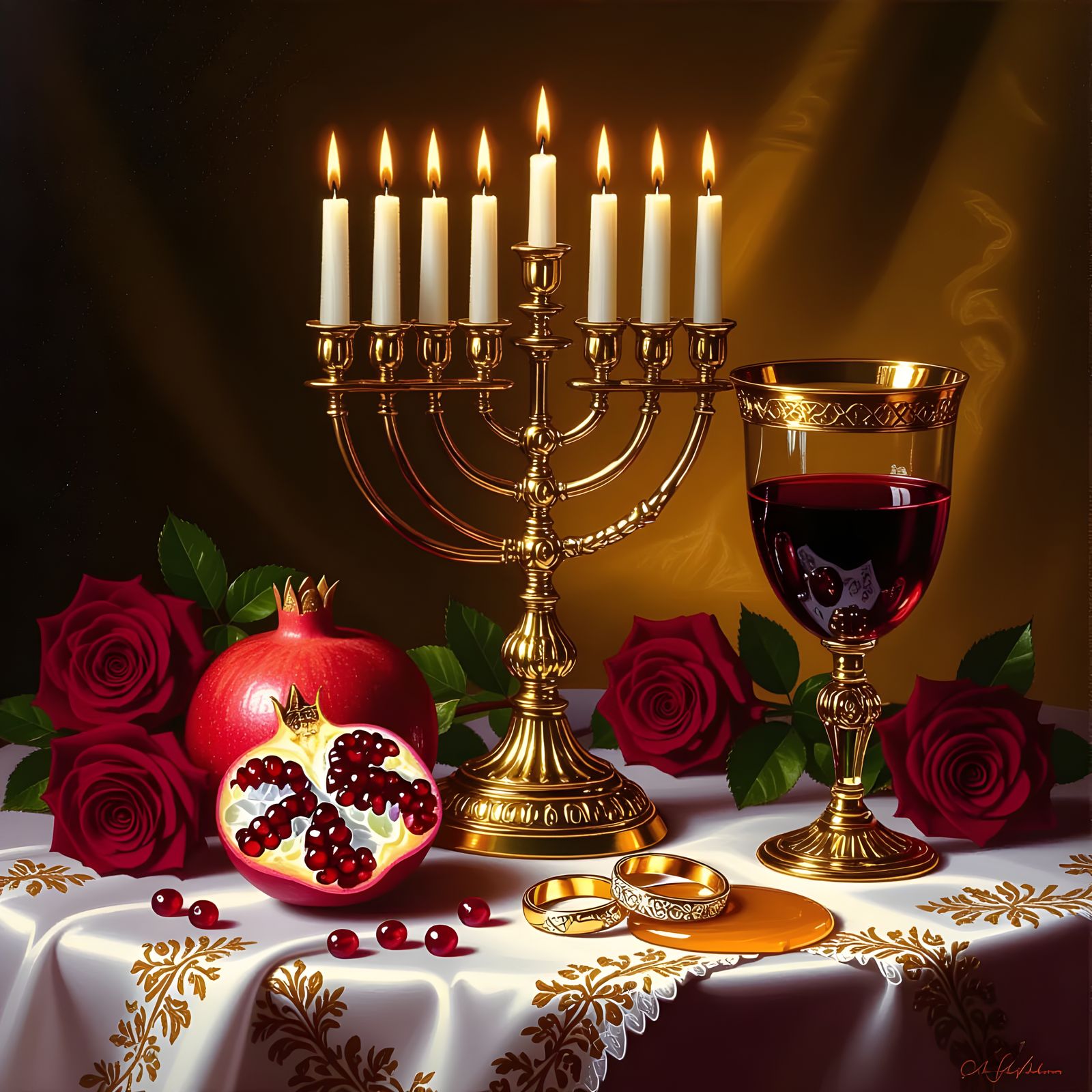 Golden Menorah with Pomegranate, Roses, Rings & Wine