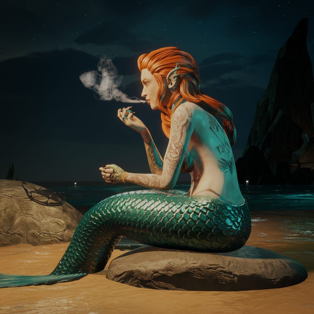 Redhead Mermaid Smoking at Night: Art Nouveau Style
