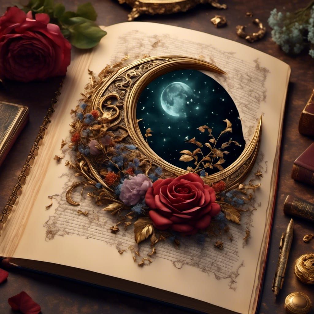 Open Book and Flower in Ornate Crescent Moon