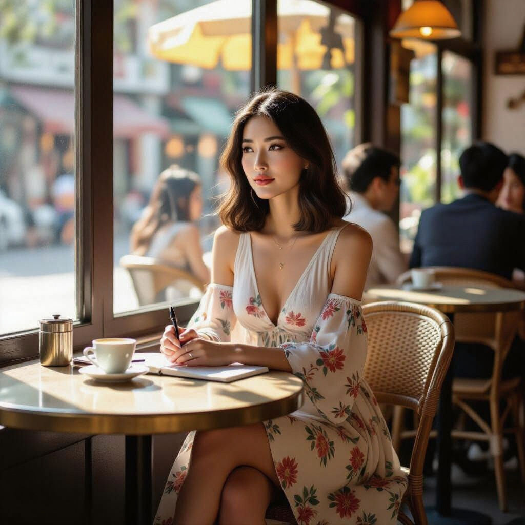 Woman in Bohemian Dress at Cafe Window