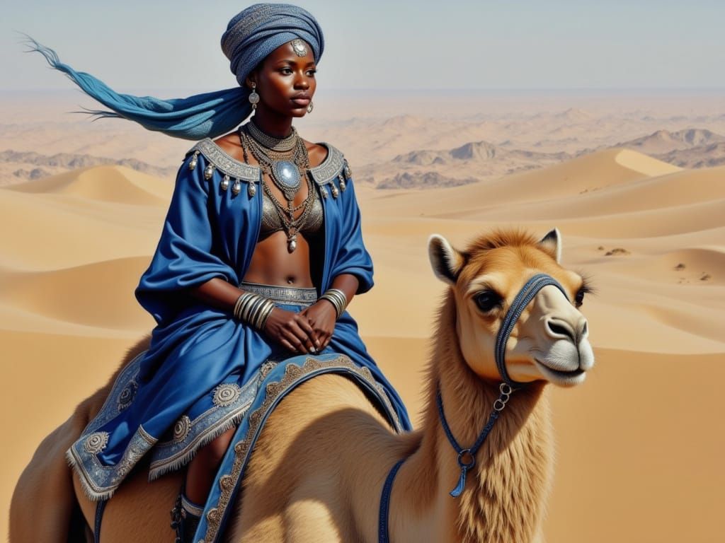 Stoic Nomad Rides Majestic Camel Across Desert Expanse