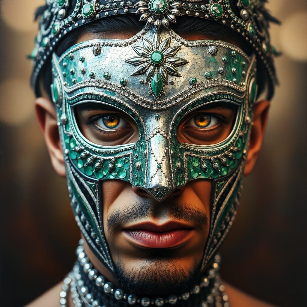 Man in Silver Malachite Mask: Surreal Portrait