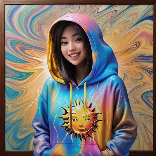Excited Girl in Holographic Hoodie, Abstract Portrait
