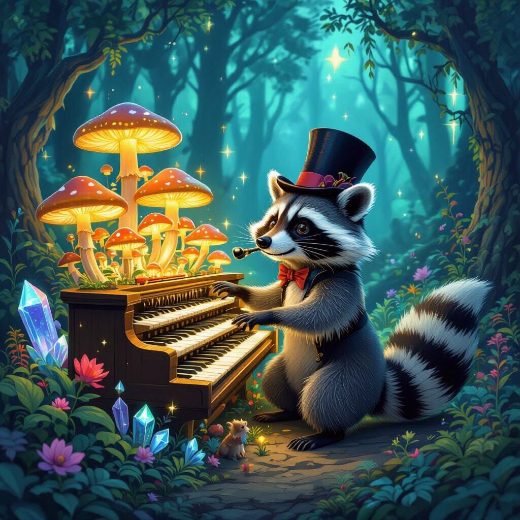Raccoon Maestro in Bioluminescent Forest, Painterly Style