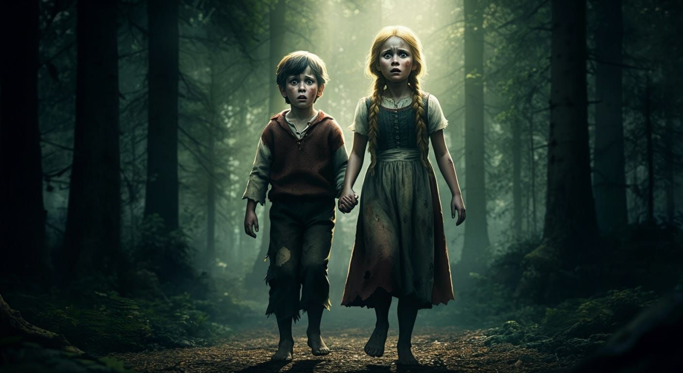 Frightened Siblings Navigate the Haunting Forest