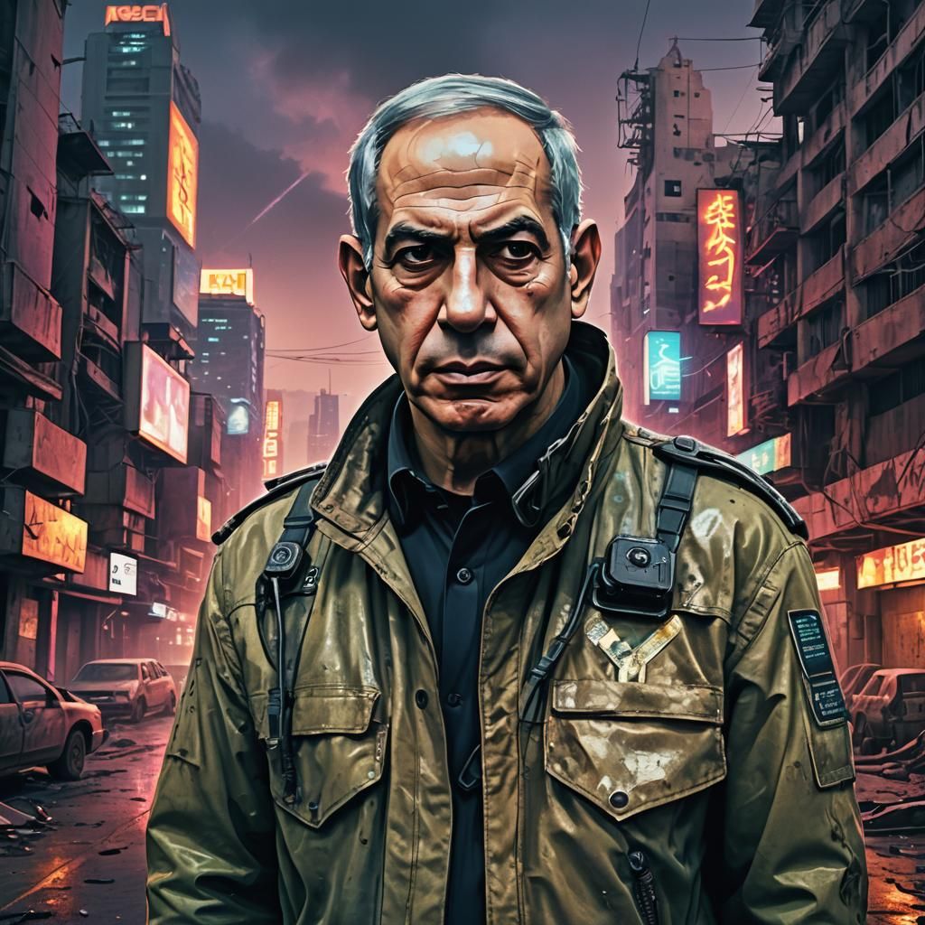 Dystopian Portrait of Netanyahu in Futuristic Cityscape