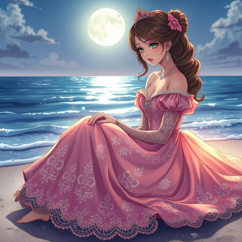 Crying Anime Princess on Moonlit Beach