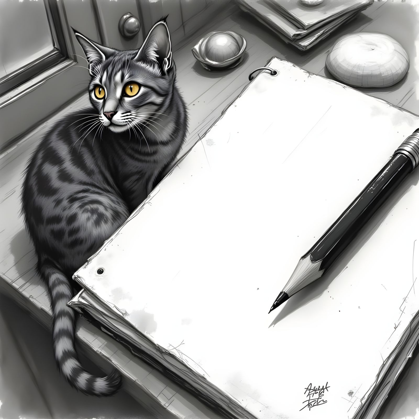 Detailed Pencil Drawing of Cat on Legal Pad
