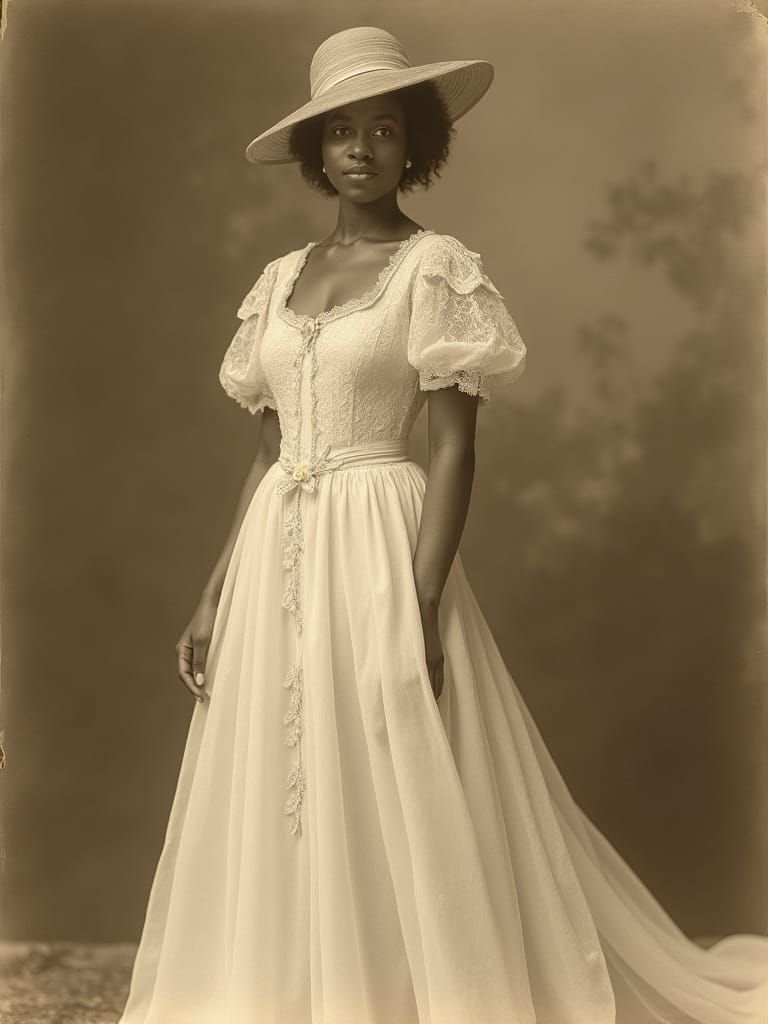 Vintage Sepia Photograph of Elegant Woman in White Dress