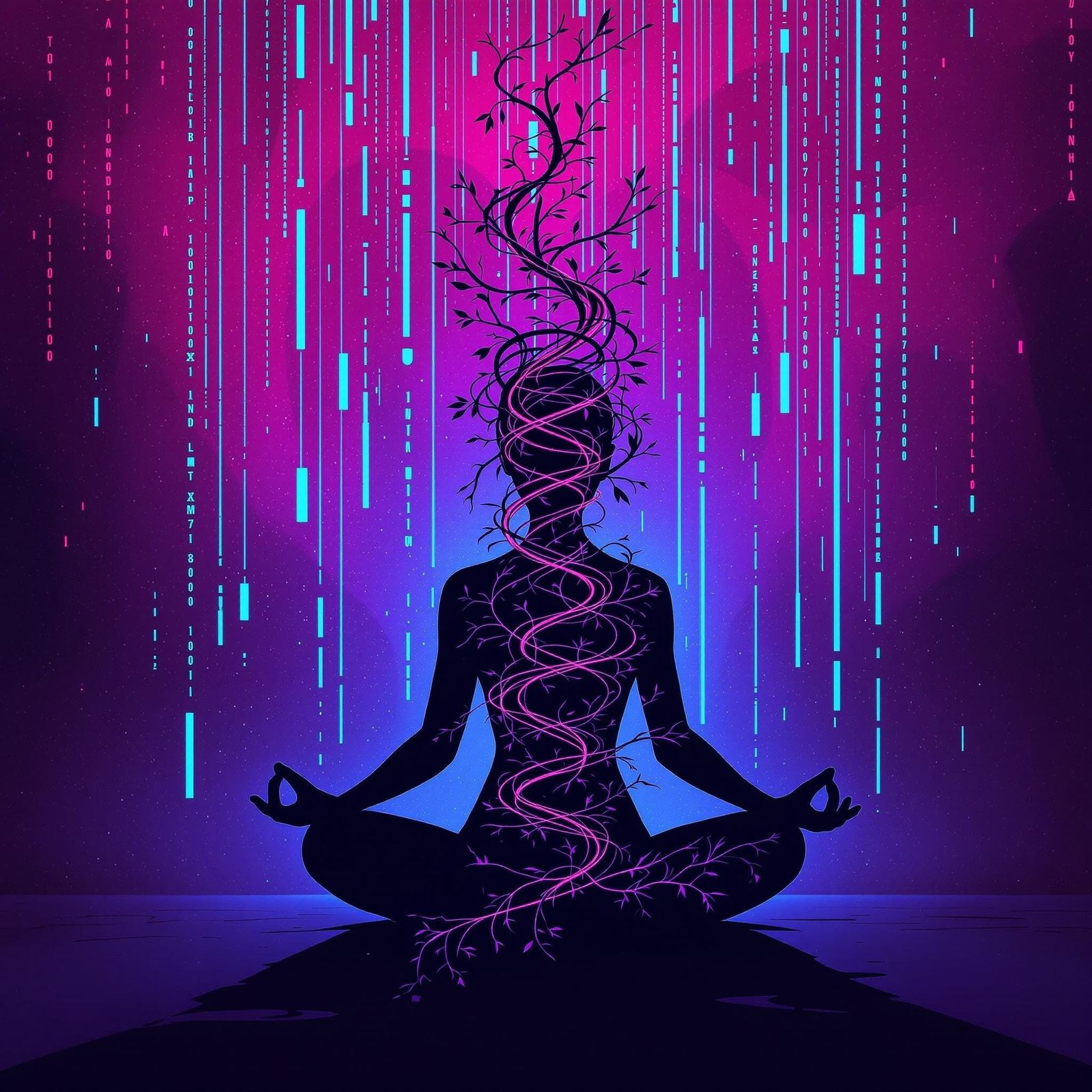 Meditating Figure with Crimson Spiral and Code Rain