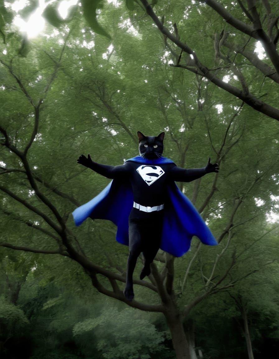 Superhero's Cape Caught in Tree, Cat Distracts Camera