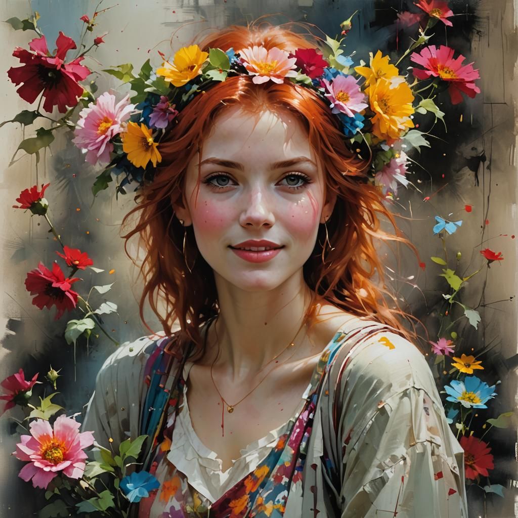 Redhead in Fantasy Garden: Digital Art Portrait