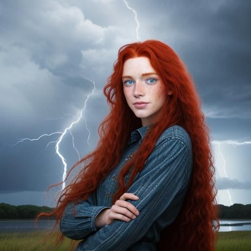 Red-Haired Beauty During an Evening Thunderstorm