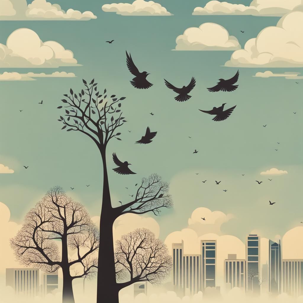 Birds Fly from Tree Towards Miniature City