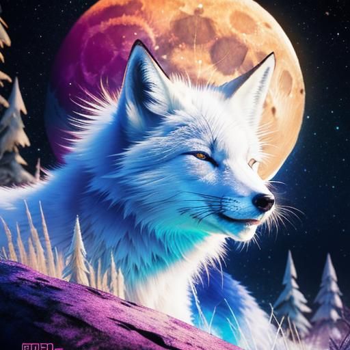 White Fox Sleeping Under Desert Moon