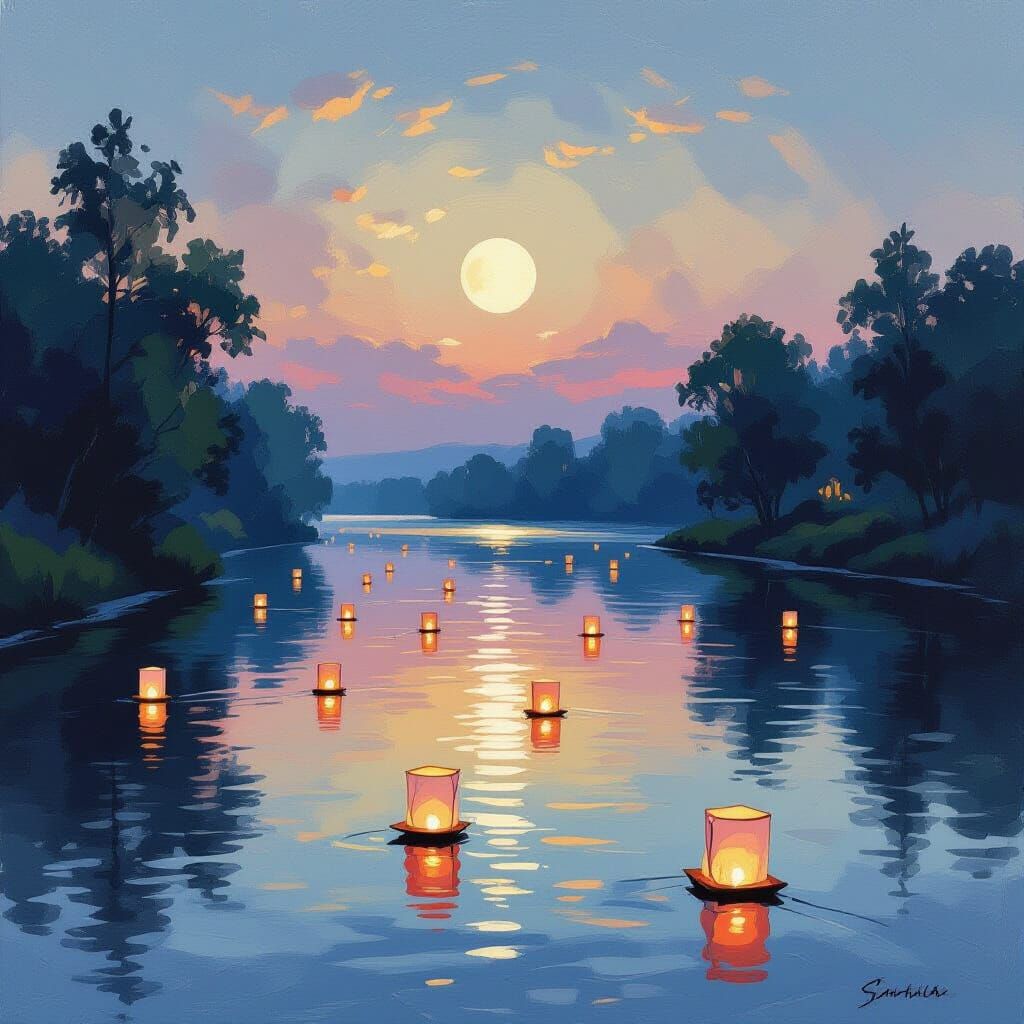 Serene River with Floating Paper Lanterns at Dusk