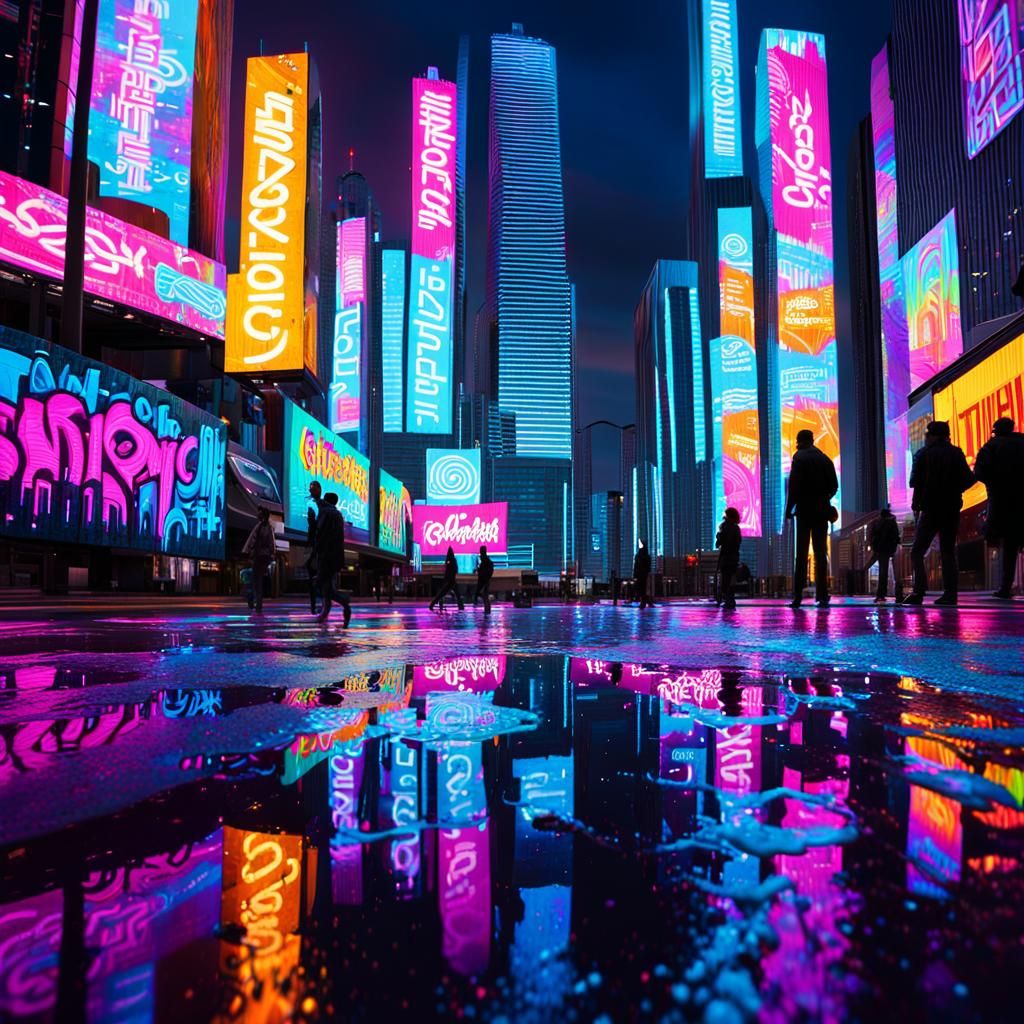 Neon Cybercity Tesseract in Vibrant Street Art Style