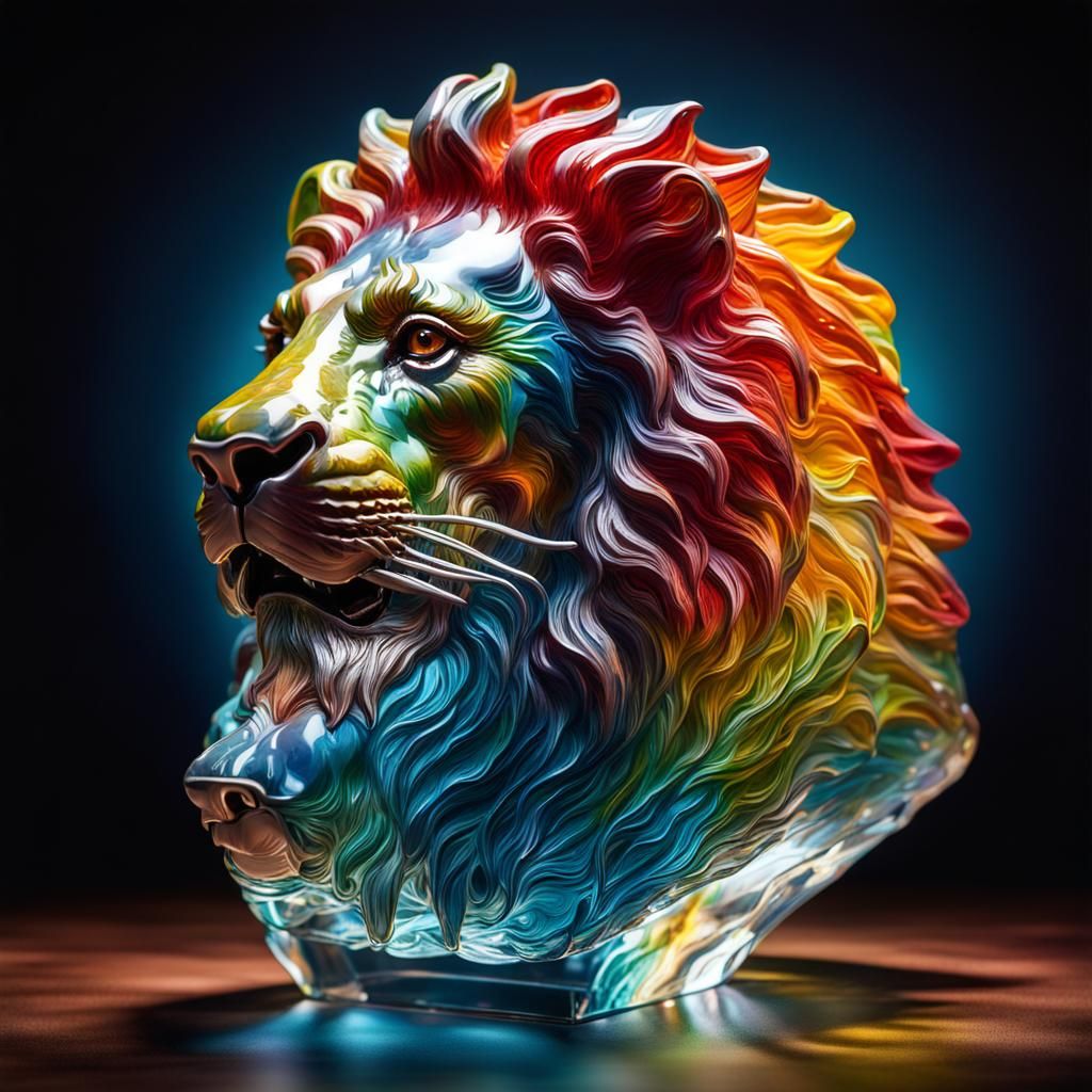 Hyperrealistic Glass Lion Sculpture in Splash Art Style