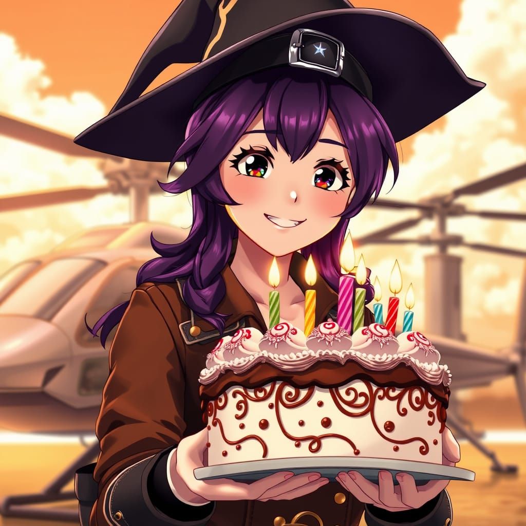 Charming Anime Witch Celebrates Birthday with Vibrant Cake a...