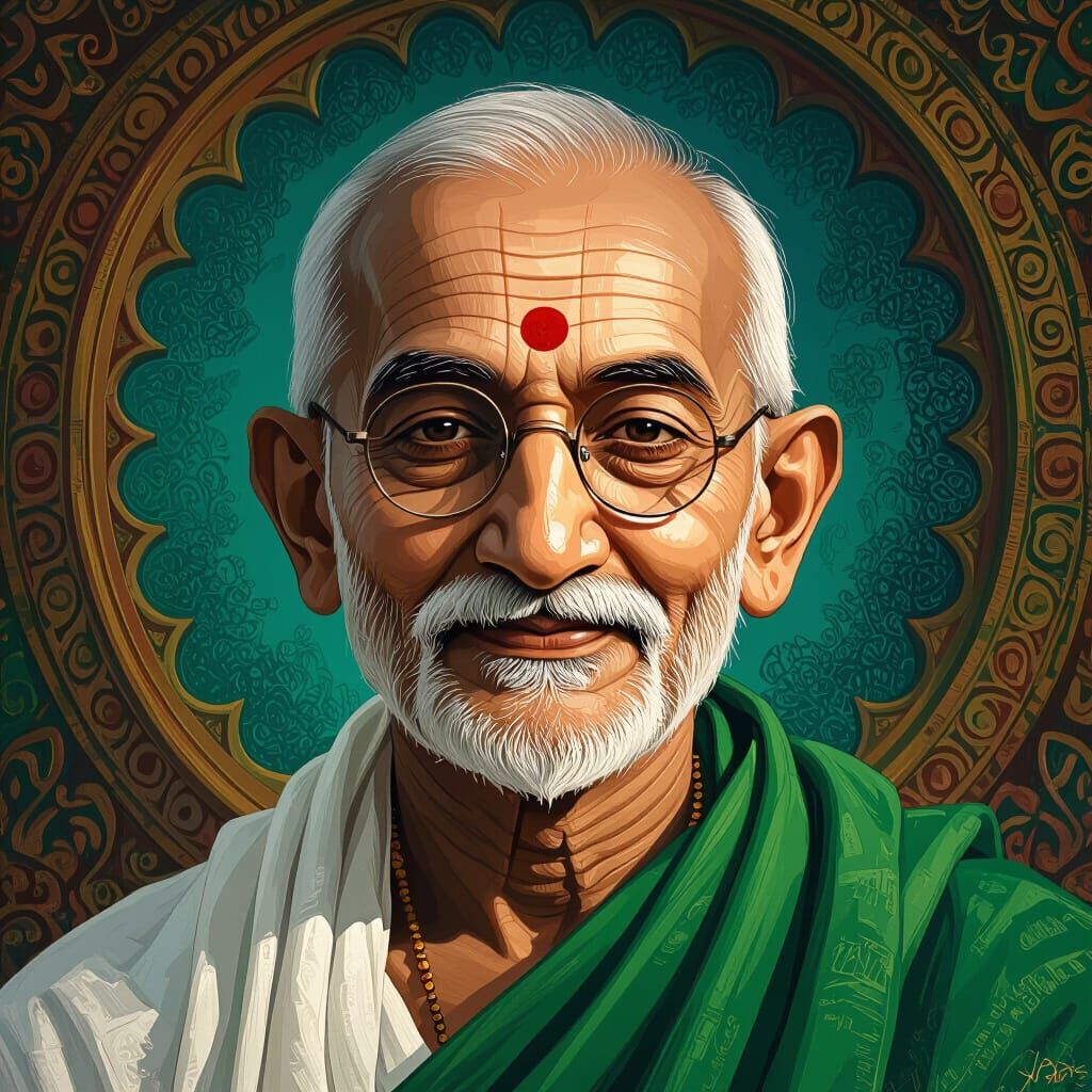 Gandhi in Green Attire: Detailed Matte Fantasy Concept Art