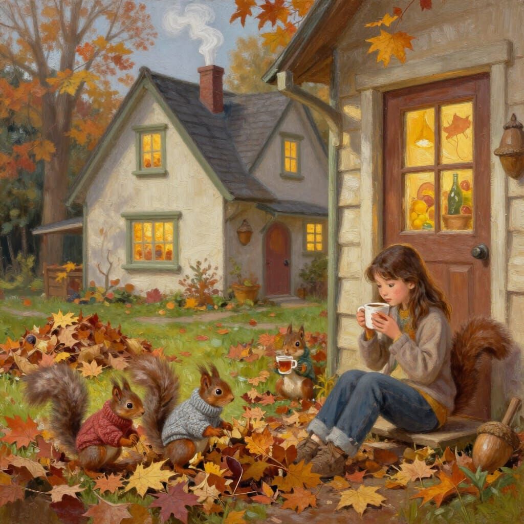 Autumn Acorn House with Squirrel Family in Oil Painting Styl...