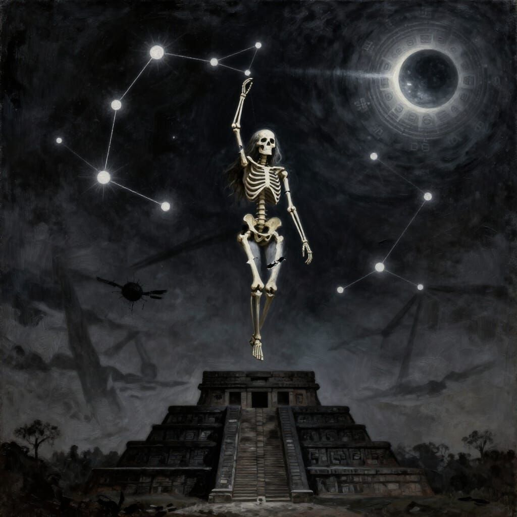 Skeletal Woman Constellation in Apocalyptic Night Sky