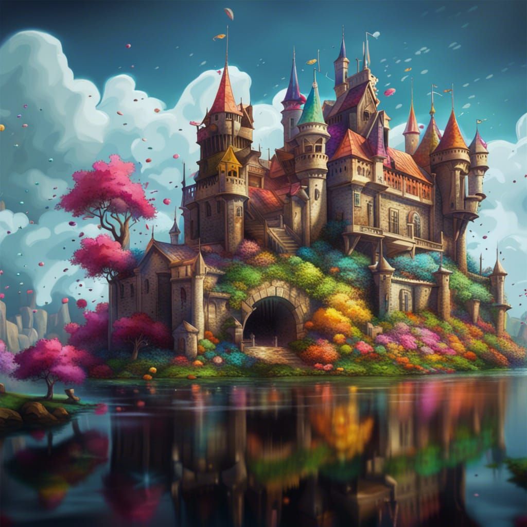 Hyperdetailed Castle in Lake: Digital Graffiti Art