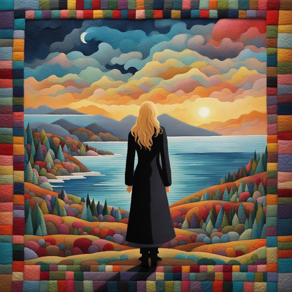 Christmas Landscape with Woman, Felt Art Patchwork
