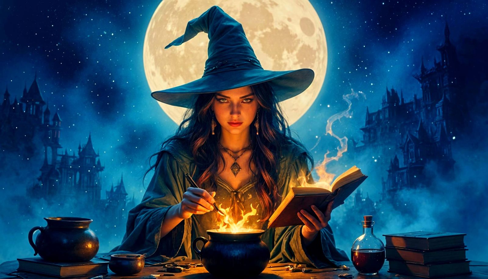 Mysterious Witch Brewing Potions Under Night Sky