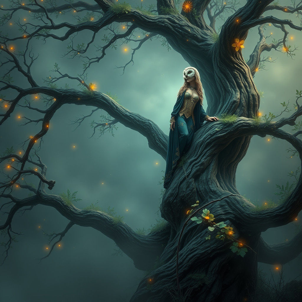 Ethereal Owl Woman in Dreamlike Forest