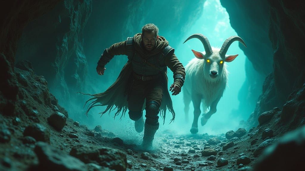 Surreal Fantasy Scene with Adventurer Ruckas Fleeing from a...