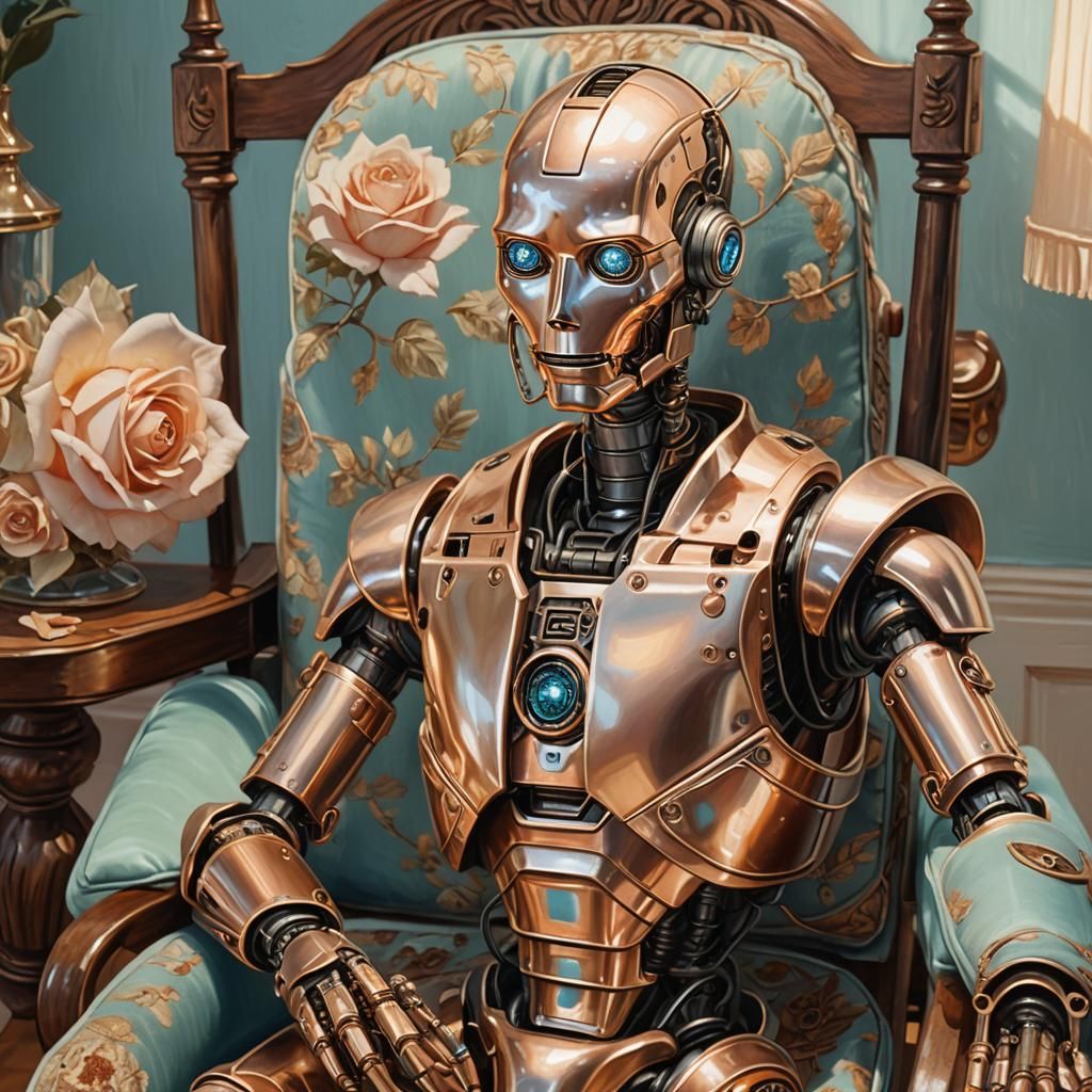 Exhausted Rose Gold Robot in Detailed Oil Painting