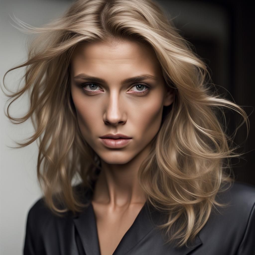 Elegant, Dirty brownish blond hair, very striking standing facing the camera