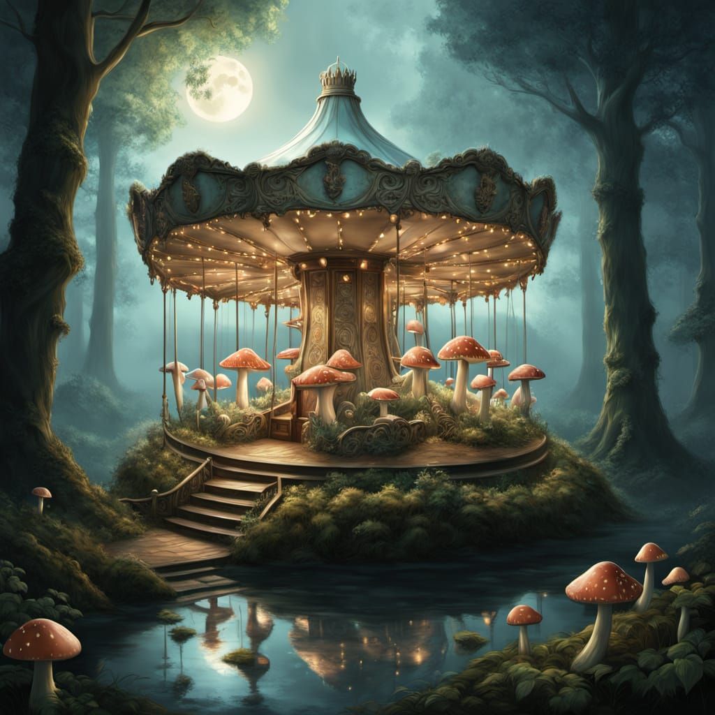 Mystical Carousel in Moonlit Forest
