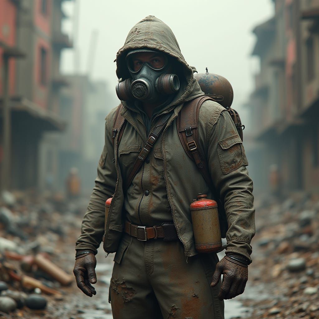 Grizzled Survivor in Desolate Post-Apocalyptic Landscape