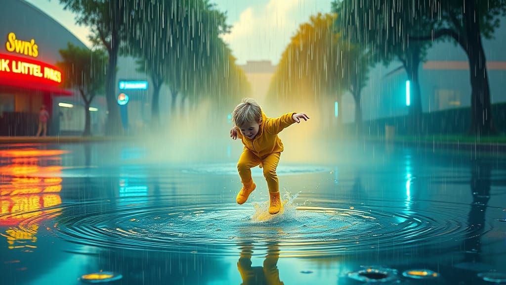 Child's Joyful Dance in Sapphire Puddles