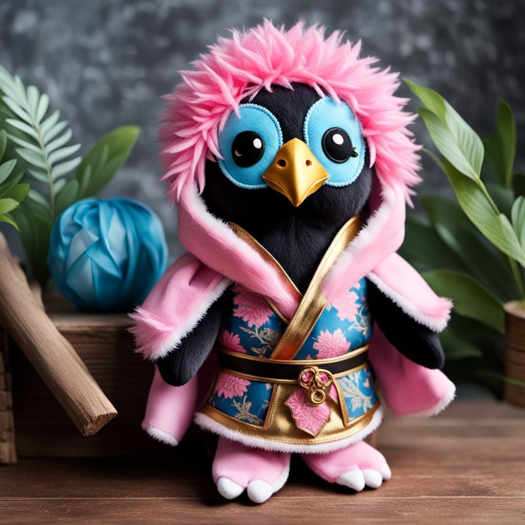 Penguin Luchador Plush Toy on Medieval Shelf