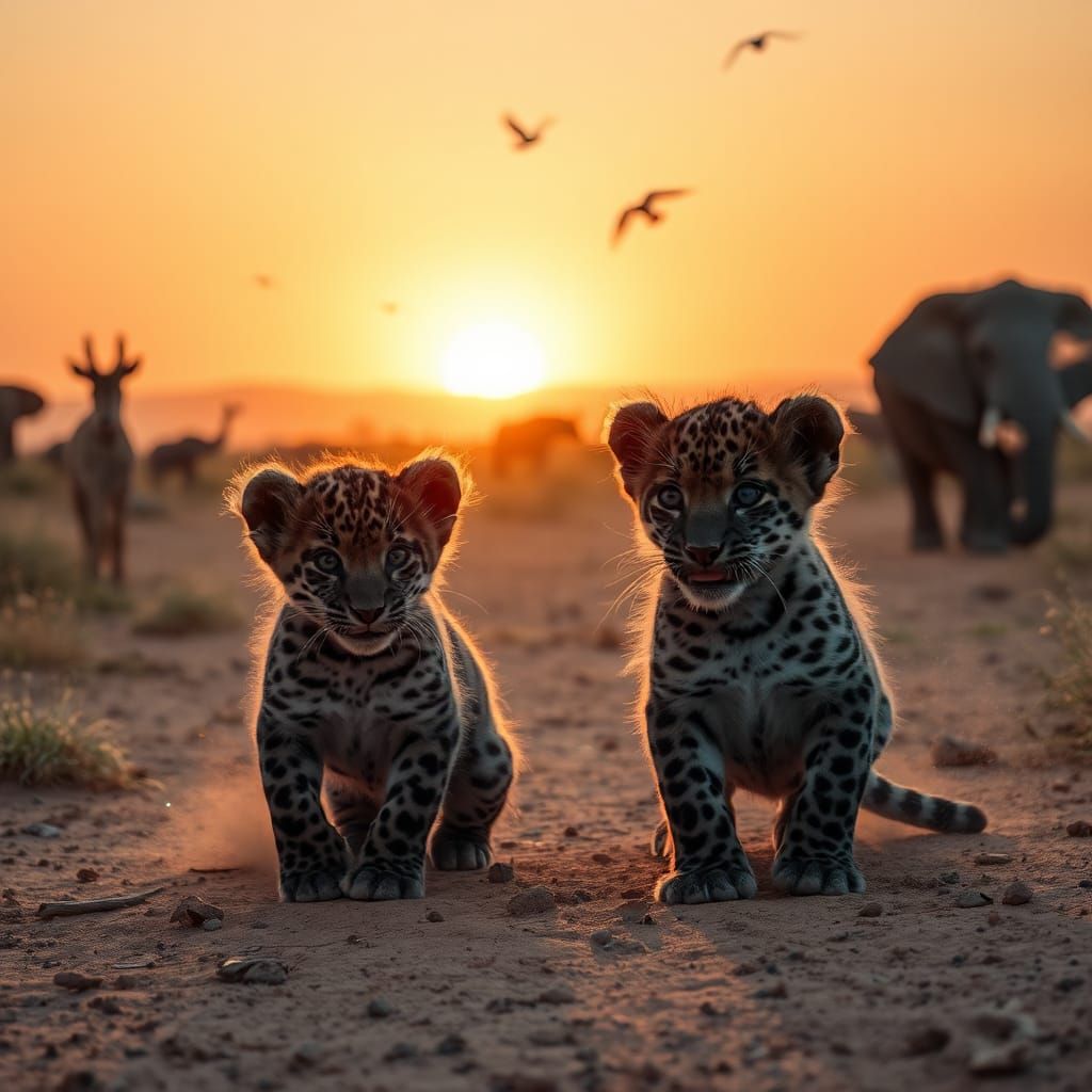 Two Black and albino Leopard cubs with long hair playing Dust fireflies against light far away in horizon giraffe’s ele...