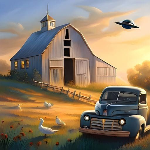 UFO Over Family Farm With Vintage Truck