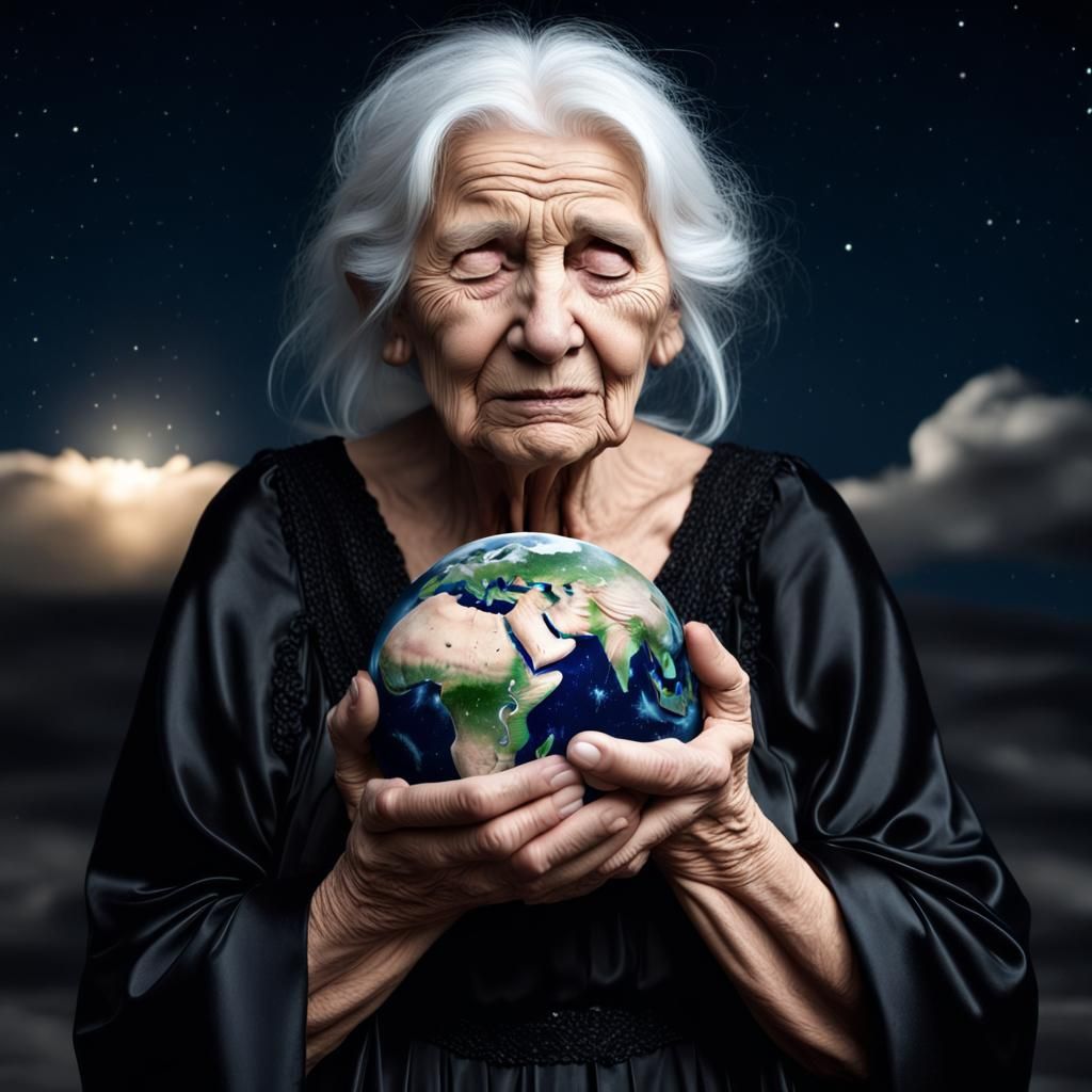 Crying Woman Holds Earth in Night Sky