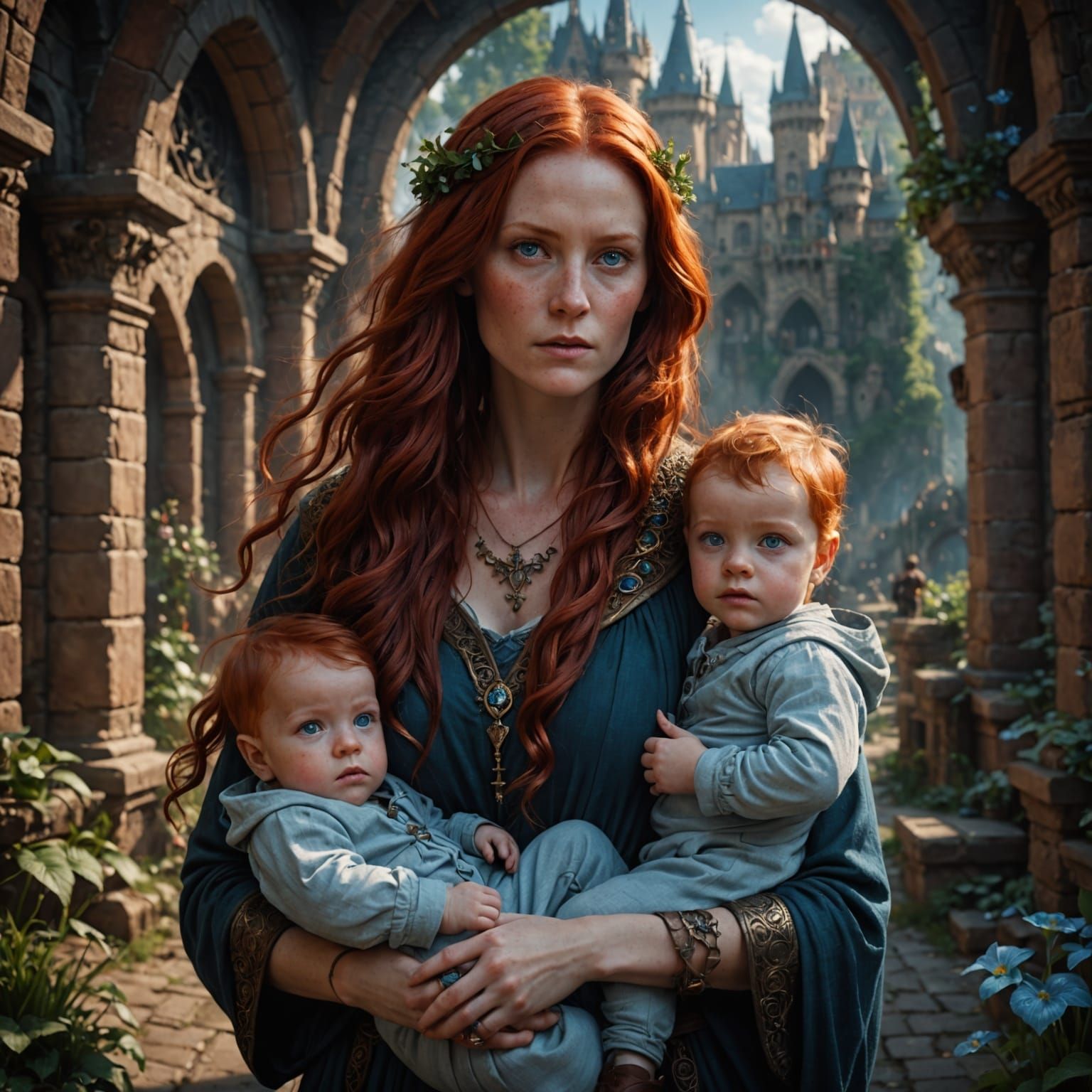 Ethereal Fantasy Mother Cradles Twin Red-Haired Sons in a Vi...