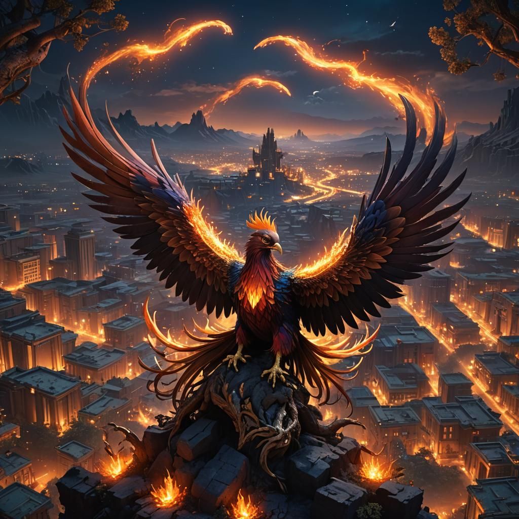 Phoenix Perched at Night: Detailed Fantasy Concept Art
