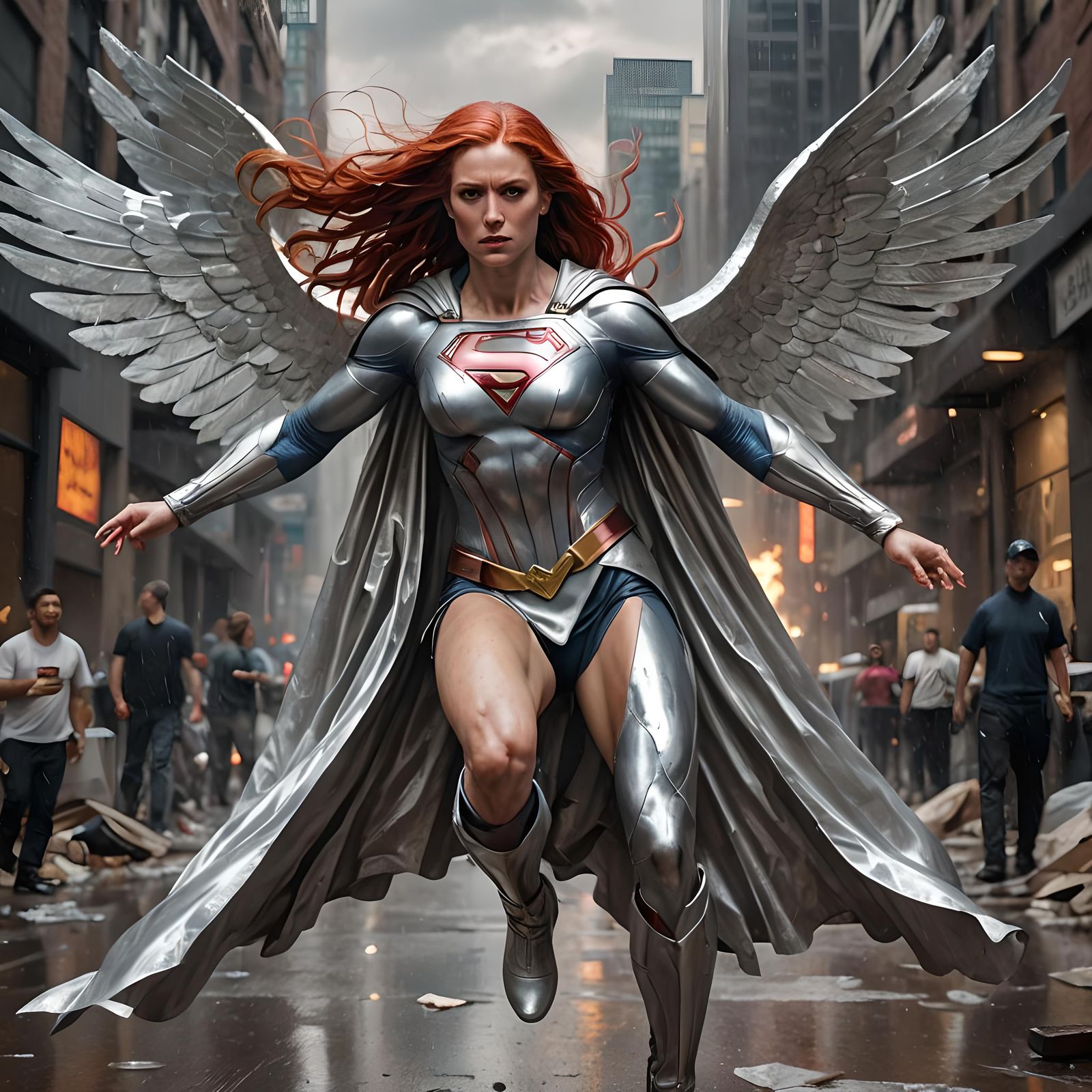 Supergirl in Silver Angelic Outfit with Wings