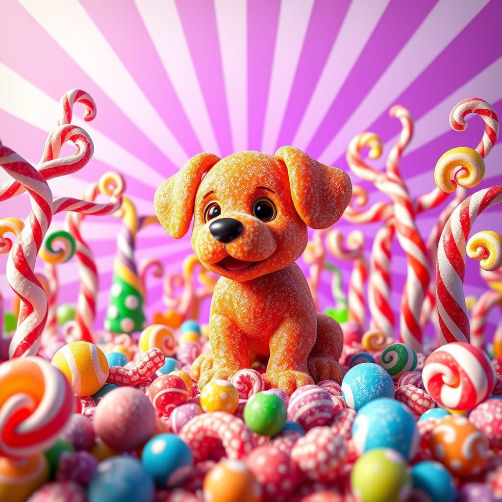 Sugar Puppy Surrounded by Whimsical Candy Forest