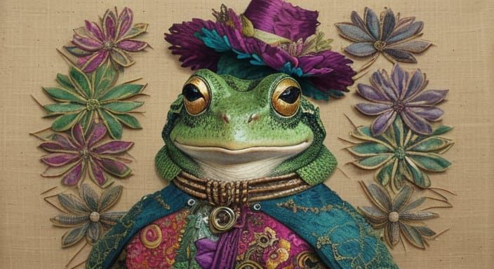 Vibrant Mixed Media Frog Portrait in Intricate Textiles