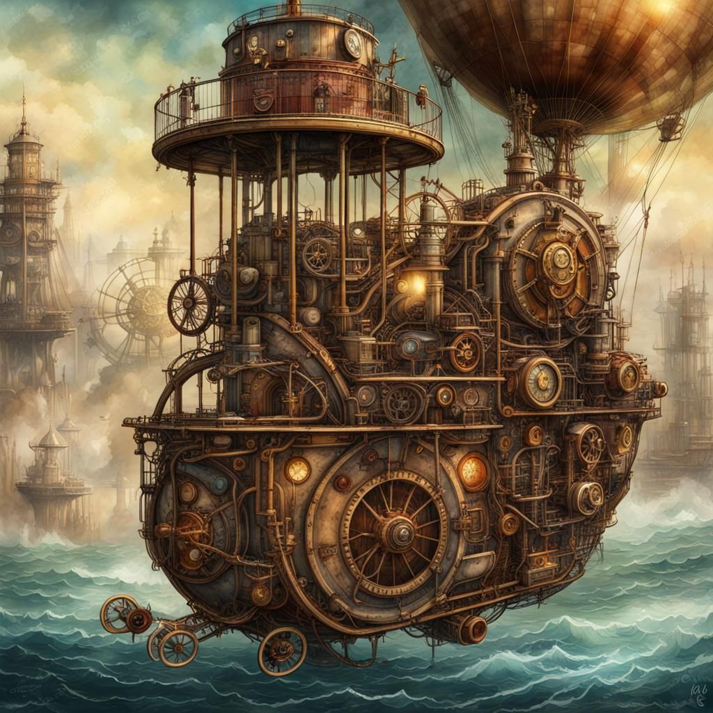 Steampunk Airship Over Ocean in Watercolor Ink Style
